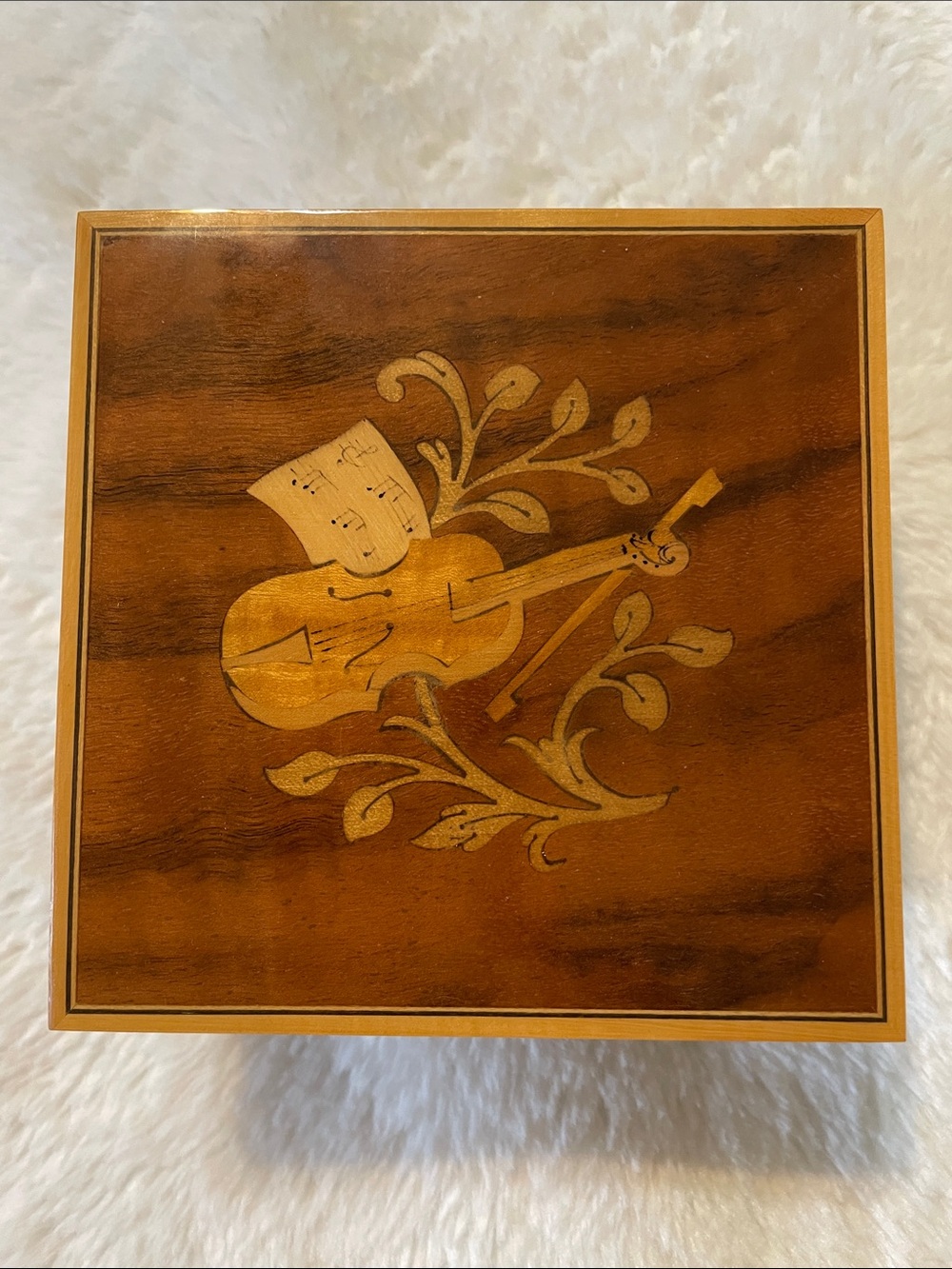 Vintage Inlaid Wood Music Box - Violin Motif